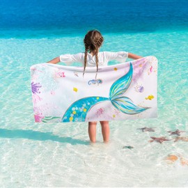 Mermaid Beach Towel for Children, 76 x 150 cm, Microfibre Towels for Boys, Bath, Pool, Camping, Travel, Sand-Free, Quick-Drying, Ultra-Absorbent, Super Soft Beach Blanket, Bath Towel