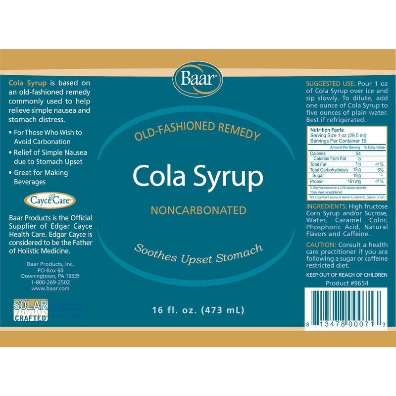 Baar Products - Cola Syrup - Soothes Stomach, Relieves Digestive