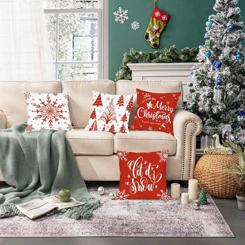 Set of 4 Christmas Cushion Covers, 45x45cm/18x18inch Xmas Throw Pillow
