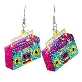 Vintage Cassette Tape Dangle Earrings Retro Glitter Neon 70s 80s Funny Shiny Acrylic Tape Drop Earrings Birthday Party Gifts for Women, Zinc, acrylic