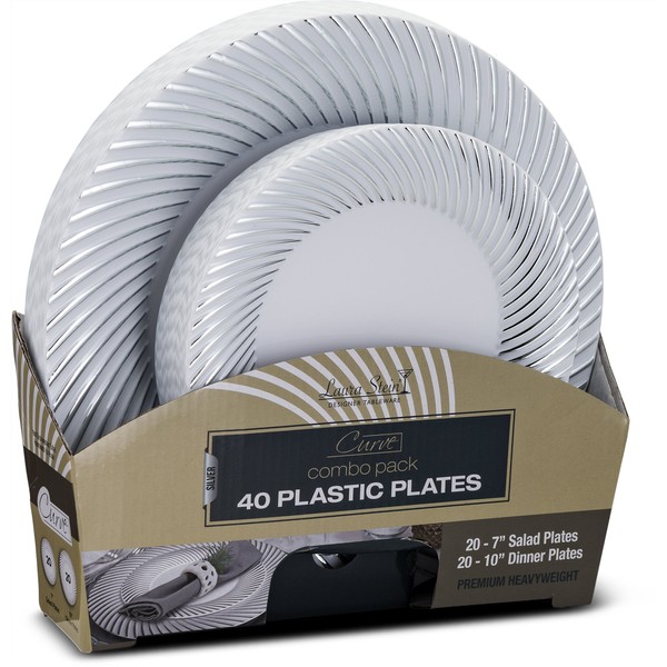 Laura Stein Designer Dinnerware Set of 40 Premium Plastic Wedding/Party Plates: White, Silver Rim. Set Includes 20 10.75" Dinner Plates & 20 7.5” Salad Plates | Curve Series