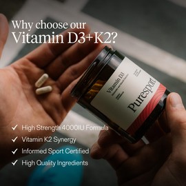 Puresport Puresport 4000IU Vitamin D3 +. K2 (60 Capsules) | Supports Bone Health | Boosts Immune Function | Improve Muscle Recovery | Vegan-Friendly/Sourced from Marine Algae | Informed Sport Certified