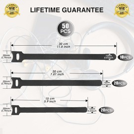 CZ Store Velcro Cable Ties | Pack of 50 | 20 x 20 cm + 20 x 15 cm + 10 x 30 cm - ✮ Nylon Cable Holder - Reusable Organiser for Desk, Computer, Charging Cable