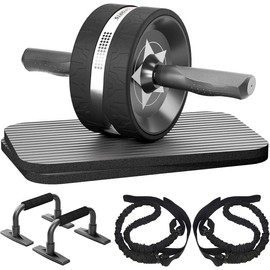 Ab Rollers Wheel Kit, Exercise Wheel Core Strength Training Abdominal Roller Set with Push Up Bars, Resistance Bands, Knee Mat Home Gym Fitness Equipment for Abs Workout - Color: Black