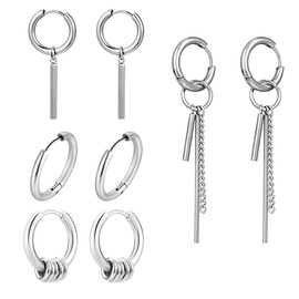 ISHR Earrings, Set of 4 Pairs Hoop Earrings, Chain Earrings, Ring, Binaural, Stud Earrings, Stainless Steel, Hypoallergenic, Popular, Simple, Fashion, Gift, Men's, Women's, Silver, iolite