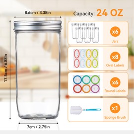 Wide Mouth Mason Jars 24 oz, 6 Pack Glass Canning Jars with Airtight Lids, Large Mason Jars with Labels Brush, Round Glass Containers with Lids, Glass Storage for Canning, Fermenting, Pickling, DIY