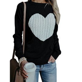 Alsol Lamesa Women's Cute Heart Sweater Long Sleeve Crewneck Pullover Ribbed Knit Casual Sweaters, 32 Black, Large