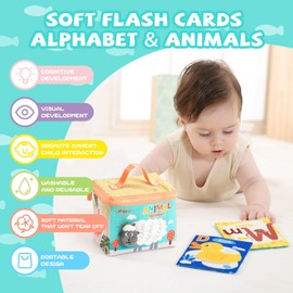 Jollybaby Soft High Contrast ABC Alphabet/Letters Animal Flash Cards for Baby 0-3-6-9-12-18 Month, Reusable Cloth Fabric Flashcards for 1 Years Old, Curious Baby Activity Cards as