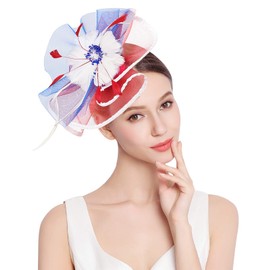 Z&X Fascinator with Headband Clip Cocktail Tea Party Feather Floral Pillbox Hat Black, Mesh Fascinator - Flag, One Size