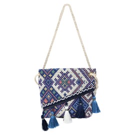 yueton 1 Pack Ethnic Style Handmade Crossbody Bag Boho Crochet Bag Beach Shoulder Bag Handwoven Handbag with Tassel for Women, Blue