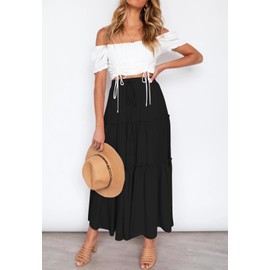 HAEOF Women's Summer Flowy Boho Maxi Skirt A Line Pleated Tiered Long Skirts with Pockets Fashion Beach Vacation Outfits (Black, XS)