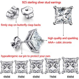 TTVOVO 925 Sterling Silver Stud Earrings, Square 4Prong Stud 8 mm, Silver Cubic Zirconia, Cubic Zirconia