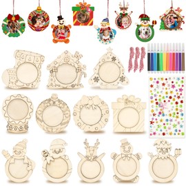 AerWo 24 Pcs Unfinished Wood Christmas Picture Frame, 12 Styles DIY Christmas Photo Frame Tree Wooden Ornaments to Paint with Colored Marker Sticker & Ropes, Funny Christmas Craft Kits for Kids Adults