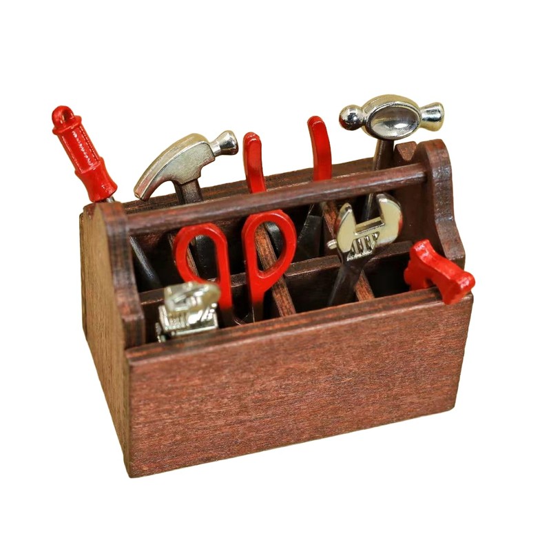 Miniature Dollhouse Tool Box Set, 1/12 Scale, Wooden Toolbox with