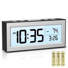 AMIR Night Light Digital Alarm Clock, Battery Operated Clock with Temperature Date, Large LCD Screen Desk Clock for Bedroom,Office,Travel (Batteries Included)