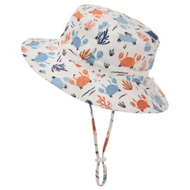 Baby Sun Hat Adjustable - Outdoor Toddler Swim Beach Pool Hat Kids UPF 50+ Wide Brim Chin Strap Summer Play Hat (20.5"(52cm)/2-3 Years, White Crab)