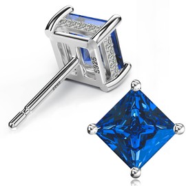 UNFAAR 18K White Gold Plated Sterling Silver Princess Cut Cubic Zirconia Stud Earrings Square CZ Diamond Stud Earrings for Women Men Hypoallergenic (6MM, Blue)