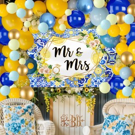 MEHOFOND Lemon Bridal Shower Party Decorations, Banner for Mr & Mrs Wedding Bride to Be Engagement, Summer Floral Blue and Yellow Balloons Arch Kit Set