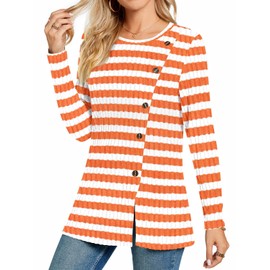TAOHUADAO Women's Long Sleeve Jumpers Crewneck Tunic Tops with Button Sides Loose Casual Fall Sweater Shirts for Leggings L, Striped Orange White