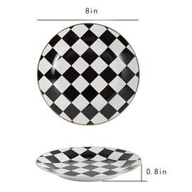 RockTrend Retro Black and White Checkerboard Gold Edge Ceramic Dinner Plate Dessert Plate Salad Plate-Set of 4