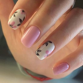 Pink Glitter Press on Nails Short Square Sping Summer Fake Nails White False Nails Press ons with Pink Black Flowers Design Nail Art Tips Artificial Glossy Glue on Nails for Women Manicure 24 Pcs