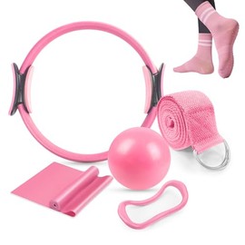 KIDS CHOICE Pilates Kit Casa 6 en 1,Essential Accesorios de Pilate | Incl Aro Pilate 38cm,Pelota Yoga 25cm,Bandas Elasticas Resistencia,Correa Estiram