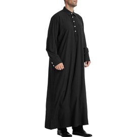 LVCBL Men's Kaftan Robe Long Sleeve Thobe Button Down Islamic Robe, black, XXL