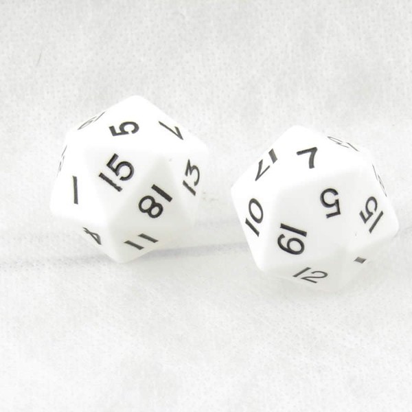 White Jumbo Dice with Black Numbers D20 30mm Pack of 2 Wondertrail