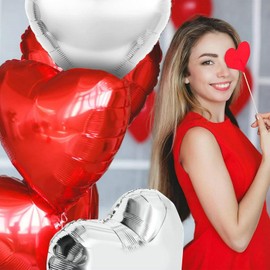 20pcs Valentines Balloons Red Silver Heart Balloons, 18 Inch Red and Silver Heart Balloons Romantic Party Decoration Red Heart Shape Mylar Balloons for Valentines Day Birthday Wedding