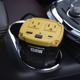 PowerDrive PWD150C 150W Power Inverter for Cup Holders 12v DC to 110v AC with 2 Outlets and 2 Ports