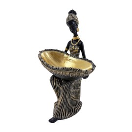 Dwelloria African Woman Statue with Large Decorative Bowl – Resin Figurine, Black and Gold Cultural Sculpture, African Home Decor Centerpiece, Jewelry Trinket Candy Dish
