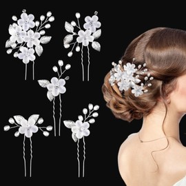5 Pcs Flower Bridal Hair Pins, Wedding Pearl Rhinestones Headpiece, Silver Pearl Wedding Hair Accessories, U Shaped Hair Clips for Women Girls, Wedding and Ball