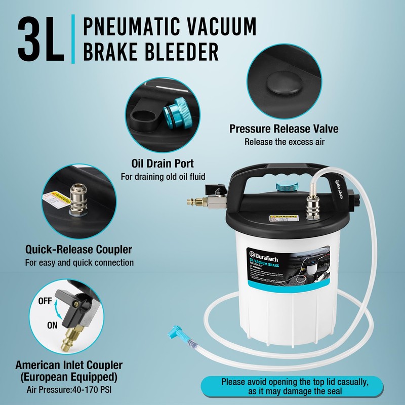 DURATECH 3L Pneumatic Brake Bleeder Vacuum Pump Kit, One Person