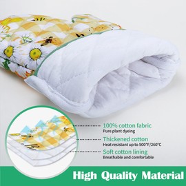 Arquiel Bee Daisy Oven Mitts and Pot Holders Sets 100% Cotton Heat Resistant, Extra Long Oven Gloves Potholder for Kitchen Cooking Baking Housewarming