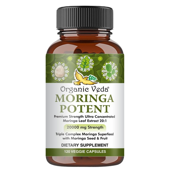 Moringa Capsule Potent Extracts, 20000 mg Strength - Highest Potency Triple Complex Moringa Superfood with Moringa Seed & Fruit - 100% Pure Moringa Leaf Extract, Non-GMO, Gluten Free - 120 Count
