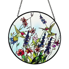 Hummingbird Stained Glass Window Hanging, 6-Inch Stained Glass Suncatcher for Window Hanging Décor, Hand-Painted Hummingbird with Lupine Flowers, Ideal Hummingbird Suncatcher Gift for Woman, Purple