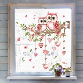 Static Cling Pink Owl Window Stickers, Romantic Heart Floral Window Decals, Removable Peel and Stick Glass Art for Home Living Room Bedroom Nursery Girls Room Decor