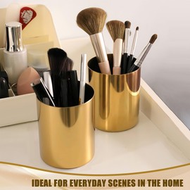 OPSJRNDUSK Gold Pen Holder for Desk, 3.9 Inch Stainless Steel Pencil Cup & Makeup Brush Organizer, Multi-Purpose Office and Vanity Desk Accessory for Women, Elegant Gold Home Decor