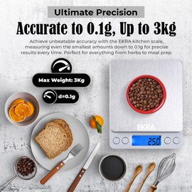 EKRA Digital Kitchen Scale, 3kg/0.1g Food Scale with LCD Display - Smart Precision Counting Weighing Baking Scale