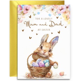 Mum and Dad Easter Card - Bunny with Easter Eggs Design - A5 Size with Gold Envelope