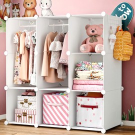 deijiner Portable Baby Wardrobe Closet Lightweight Kids Storage Organizer with Side Hooks - DIY Modular Small Toy & Clothing Organizer, 35.4x15.7x35.4 Inches(White)
