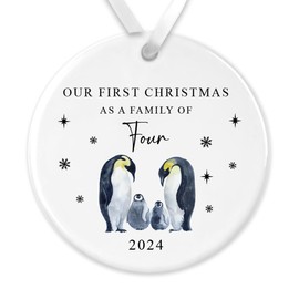"First Christmas as a Family of Four Ceramic Bauble - Penguin-Themed Xmas Tree Ornament - Perfect for New Parents & Baby’s First Festive Season"