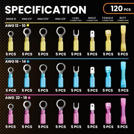 MADCATZ 120Pcs Heat Shrink Wire Connectors - Electrical Terminal Kit, Waterproof Automotive Marine Electrical Terminals Kit, Crimp Connector Assortment, Ring Fork Spade Splices