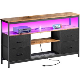 Huuger TV Stand Dresser with Power Outlets and LED Lights, 4 Drawers Entertainment Center with Shelves, 54 Inch Media Console for 55 60 Inch TV, PU Finish, Rustic Brown and Black