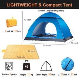 HouzeFun Pop Up Camping Tent, Outdoor Easy Set Up Automatic Family Travel Tent, 2-4 Person Camping Tents Portable Automatic Tent for Camping Beach Travel (2 Person, Blue)