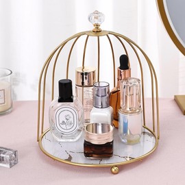 Bathroom Organizer Countertop | White Glass Marble Tray | Makeup, Perfume, and Storage Vanity | Birdcage Design | Gold Iron Decor (Single Tier)