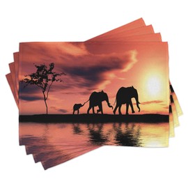 ABAKUHAUS Elefant Platzmatten 8 Stück, Elefant Silhouetten Durch Fluss Afrika Tier Abenteuer Landschaft, Waschbare Stoff Esszimmer Küche Tischdekorations Digitaldruck, Lachsschwarz