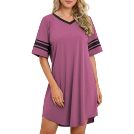 Actcat Women's Sexy Nightdress with V-Neck Short Sleeve Sleepwear Night Dress, mauve