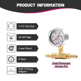 GOATACURA 0-15psi Glycerin Filled Fuel Pressure Gauge Kit, 1-1/2" Dial Size, 304 Stainless Steel Case, 5/16" Fuel Line Fuel Pressure T-Fitting Adapter, Lower Mount, with High Accuracy…