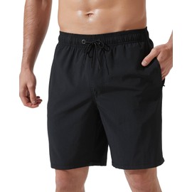 Arcweg Mens Long Swimming Shorts Swim Shorts with Zip Pockets for Men Quick Dry Mens Swimming Trunks Adjustable Drawstring Board Shorts Surf Beach Shorts Black M